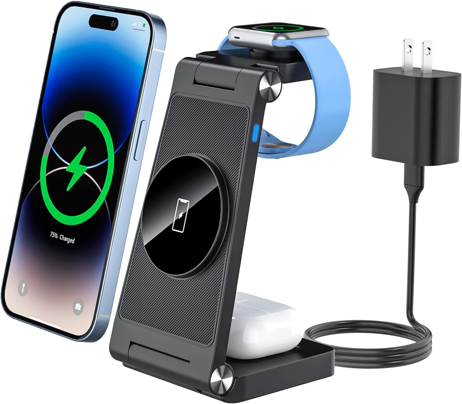 Ultra Magnetic 3-in-1 Wireless Charger: Foldable Charging Station for iPhone 14/13/12 Series, AirPods 3/2/Pro and iWatch 2 - Travel Charger for Multiple Devices (Includes Adapter)