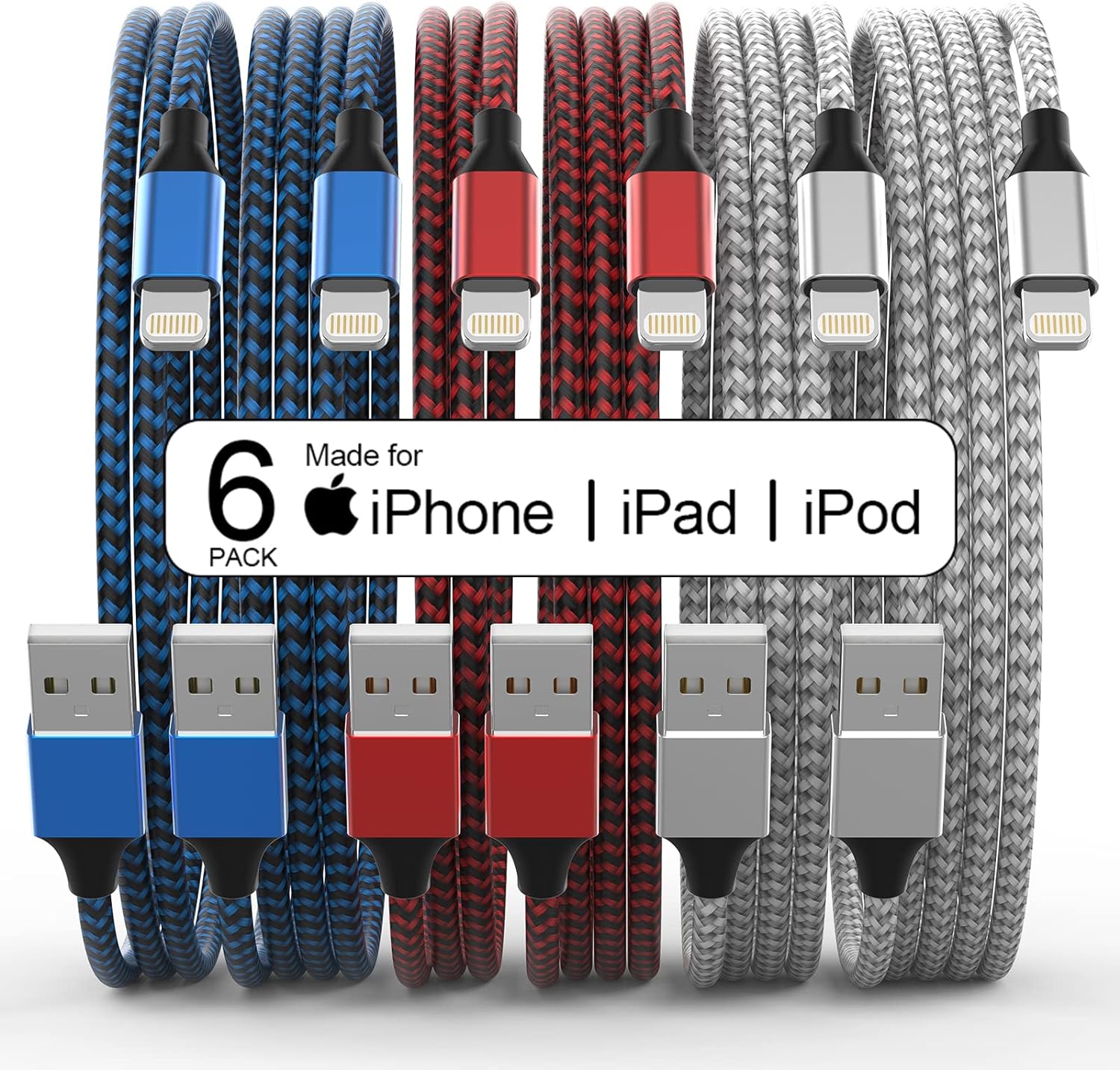 [Apple MFi Certified] 6Pack 3/3/6/6/6/10 FT iPhone Charger Nylon Braided Fast Charging Lightning Cable Compatible iPhone 14 Pro/13 mini/13/12/11 Pro MAX/XR/XS/8/7/Plus/6S/SE/iPad