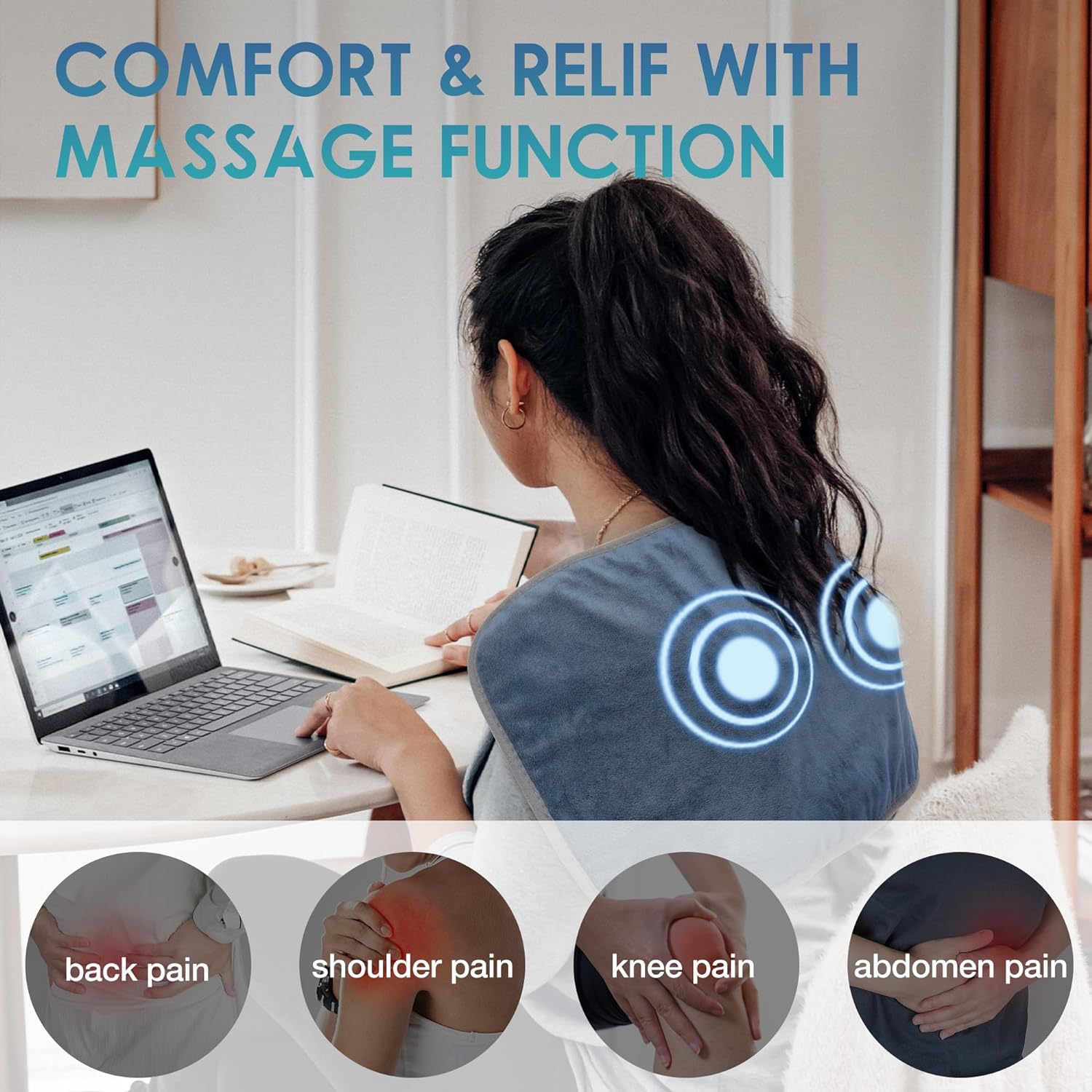 Massage Heating Pad, 12"x 24" Electric Heated Pads with Massager, 4 Massage Modes, 6 Heat Settings, 24 Relaxing Combinations, Back Pain and Sore Muscle Relief, Deep Blue