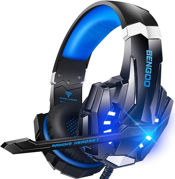 Stereo Gaming Headset for PS4 PC Xbox One PS5 Controller, Noise Cancelling Over Ear Headphones with Mic, LED Light, Bass Surround, Soft Memory Earmuffs (Blue)